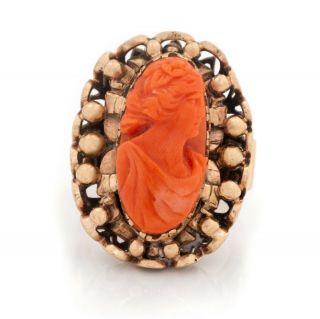 Antique Vintage Art Nouveau 14k Rose Gold Etruscan Salmon Coral Cameo Ring 5.  5 2