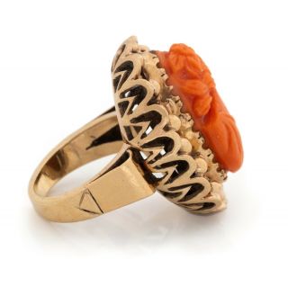 Antique Vintage Art Nouveau 14k Rose Gold Etruscan Salmon Coral Cameo Ring 5.  5 3