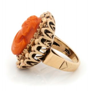 Antique Vintage Art Nouveau 14k Rose Gold Etruscan Salmon Coral Cameo Ring 5.  5 6