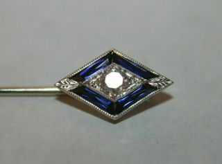Antique Art Deco 14k White Gold 0.  20 Carat Diamond Sapphire Stick Pin
