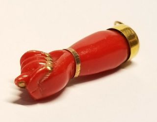 Estate Red Coral Charm Pendant 10k Gold Mano Figa Hand Good Luck