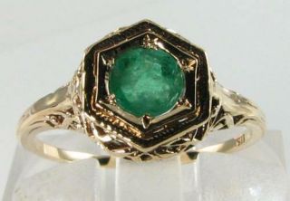 Columbian Emerald 9k 9ct Gold Art Deco Ins Filigree Solitaire Ring Resize