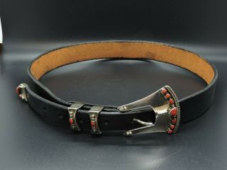 Vintage Navajo Sterling Silver Leather Belt - Hallmarked 3l Az - Red Turquoise