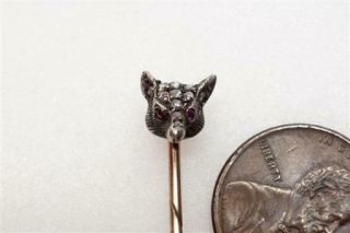 Antique English 9k Gold & Silver Rose Cut Diamond & Ruby Fox Head Stickpin C1890