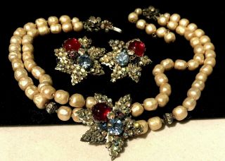 Rare Vintage Signed Demario Gilt Pearl Rhinestone Glass Necklace Earrings Set
