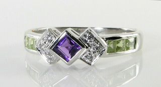 Class Suffragette 9k 9ct White Gold Amethyst Peridot Diamond Art Deco Ins Ring
