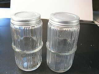 2 - Antique Sellers / Hoosier Cabinet Ribbed Glass Spice Jars Kitchen Vintage