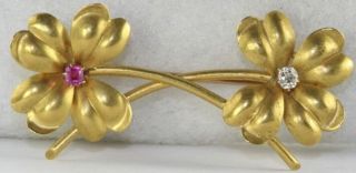 Antique Art Nouveau 14k Gold Diamond Natural Ruby Shamrock 4 Leaf Clover Pin