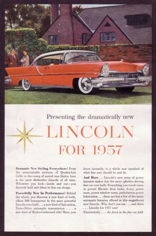 1957 Vintage Lincoln Car Photo Print Ad