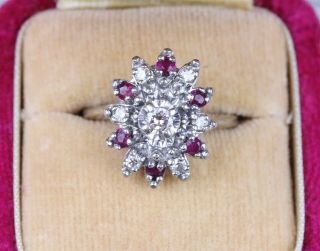 Vintage Mid Century 14k White Gold Diamond Ruby Ring Cluster Gemstone Retro 5.  5