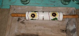 Ceramic Stoneware Sunflower Rolling Pin Wood Handles Unbranded