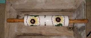 Ceramic Stoneware Sunflower Rolling Pin Wood Handles Unbranded 2