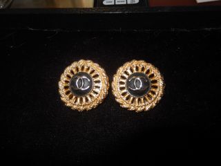 Rare Vintage Chanel Cc Logo Clip On Earrings Gold Black & Silver 1 1/4 " Round