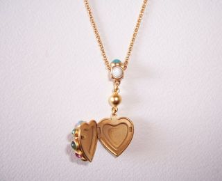 Jeweled,  Natasha Stambouli,  Signed,  Heart Locket Necklace,  24K GP,  Semi preci 3