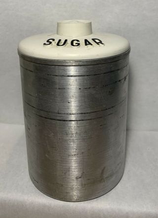 Vintage Mid Century Kromex Spun Aluminum Sugar Canister With Rare White Lid