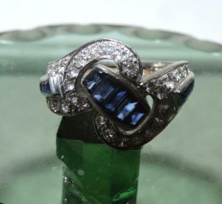 Vintage Art Deco Platinum Sapphire Diamond Ladies Cocktail Bypass Ring
