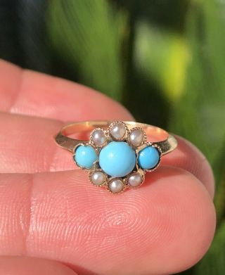 Antique Victorian 14k Yellow Gold Blue Persian Turquoise & Seed Pearls Ring