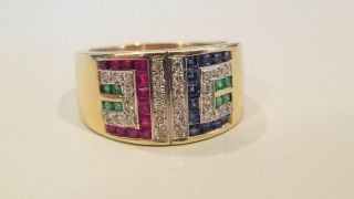 14k Yellow Gold Emerald,  Ruby,  Sapphire Diamond Band Ring,  Size 10.  5,  7.  5 Grams