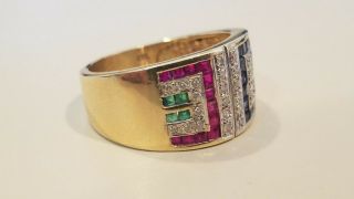 14k Yellow Gold Emerald,  Ruby,  Sapphire Diamond Band Ring,  Size 10.  5,  7.  5 Grams 2