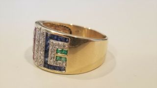 14k Yellow Gold Emerald,  Ruby,  Sapphire Diamond Band Ring,  Size 10.  5,  7.  5 Grams 6