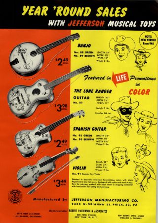 1956 Paper Ad 2 Sided Jeffersontoy Banjo Guitar Lone Ranger Uke Ukulele Violin
