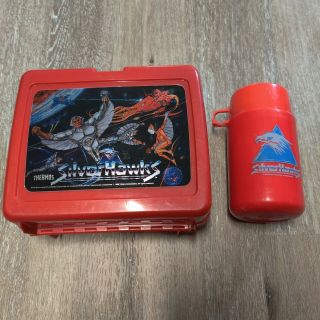 1986 Vintage Silver Hawks Lunch Box Thermos Red Plastic Complete Set Rare