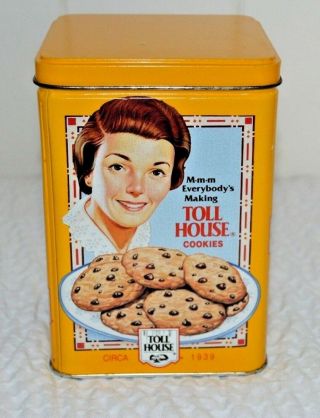 Vintage NESTLE TOLL HOUSE Yellow Cookie Tin with Recipe - 2