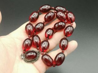 Vintage Rare Red Cherry Amber Bakelite Barrel Bead Necklace Silver Clasp 64g