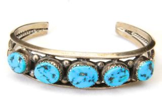Vintage Navajo Sterling Silver & 5 Turquoise Stone Cuff Bracelet Southwestern