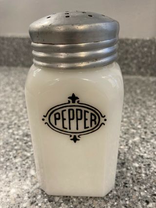 Vintage Milk Glass Shaker " Pepper " 5 " Black Letters.  Hazel Atlas