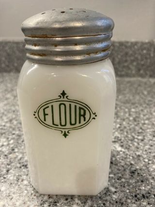 Vintage Milk Glass Shaker " Flour " 5 " Green Letters.  Hazel Atlas