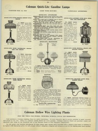 1923 Paper Ad Coleman Quick Lite Gas Gasoline Lamp Chandelier Franco Flashlight