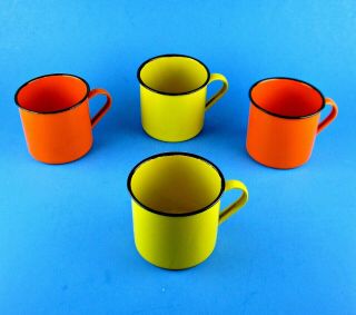 4 Pc Vintage Enamel Enamelware Orange Yellow Metal Camping Mug Cup Graniteware