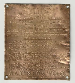 W Jones Foundry & Machine Co Chicago Illinois Salvaged Brass Advertising Plaque
