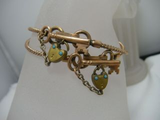 Antique Victorian Gold Filled Key And Heart Bracelet Turquoise Pair