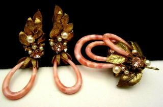 Signed Miriam Haskell Vintage Gilt Pink Art Glass Brooch & Dangle Earrings Set