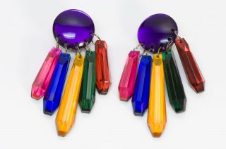 Vintage 1960’s French Long Purple Red Yellow Blue Green Tassel Lucite Earrings