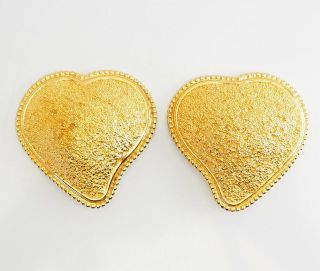 Vintage Yves Saint Laurent Ysl Large Gold Tone Metal Heart Clip On Earrings