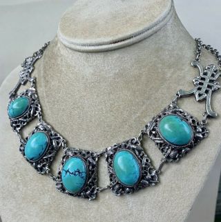 Art Deco Chinese Sterling Silver Natural Turquoise Gemstone Necklace