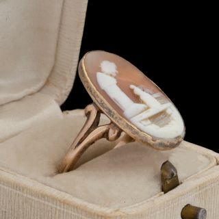 Antique Vintage Nouveau 14k Rose Gold Carved Conch Shell Cameo Scene Ring Sz 7.  5