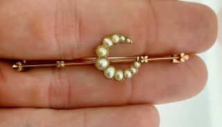 Antique Victorian 15kt Rose Gold Lucky Horse Shoe Natural Pearls Bar Brooch Pin