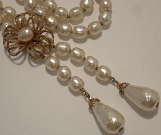Vintage Miriam Haskell Gold Gilt Flower Baroque Pearl Lariat Style Necklace
