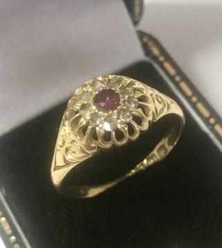 Antique Victorian 18ct Yellow Gold Ruby & Diamond Cluster Ring Size P A9779
