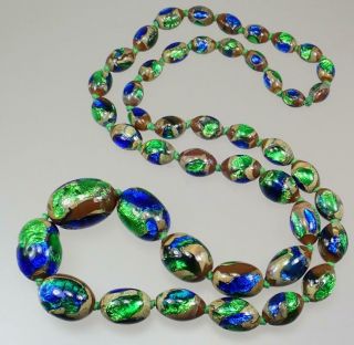 Intense Vintage Art Deco Czech Bohemian Peacock Foiled Glass Bead Necklace