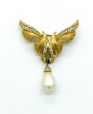Vintage Christian Dior Baroque Gold Tone Clear Rhinestone Faux Pearl Drop Brooch