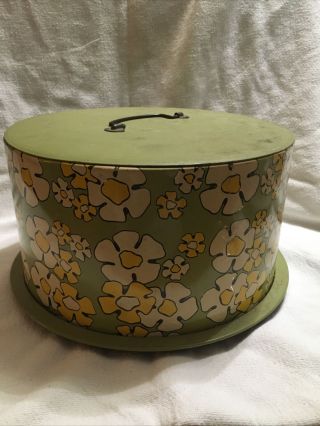 Vintage Decoware Metal Cake Pie Tin With Handle White Yellow Floral Carrier Usa