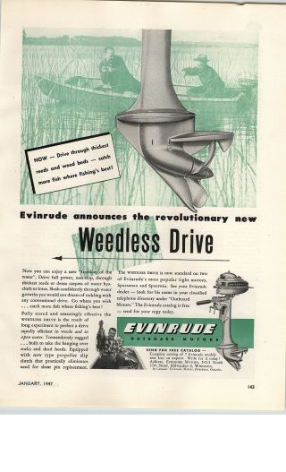 1947 Paper Ad Evinrude Outboard Motor Boat Motorboat Weedless Drive