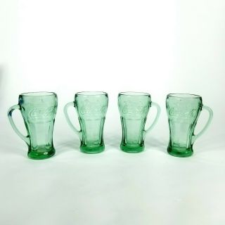 Vintage Set Of 4 Coca Cola Heavy Green Mugs/glasses With Handle