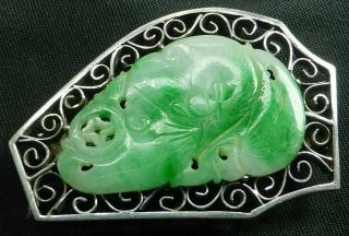 Antique Chinese Carved Apple Jade Jadeite Plaque Silver Clip Brooch Good Colour