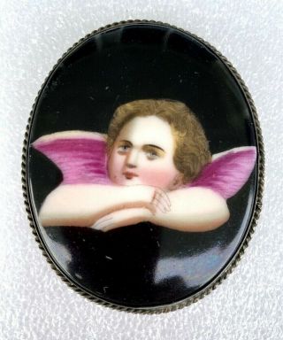 Antique Victorian Hand Painted Porcelain Cherub Angel Brooch/pendant